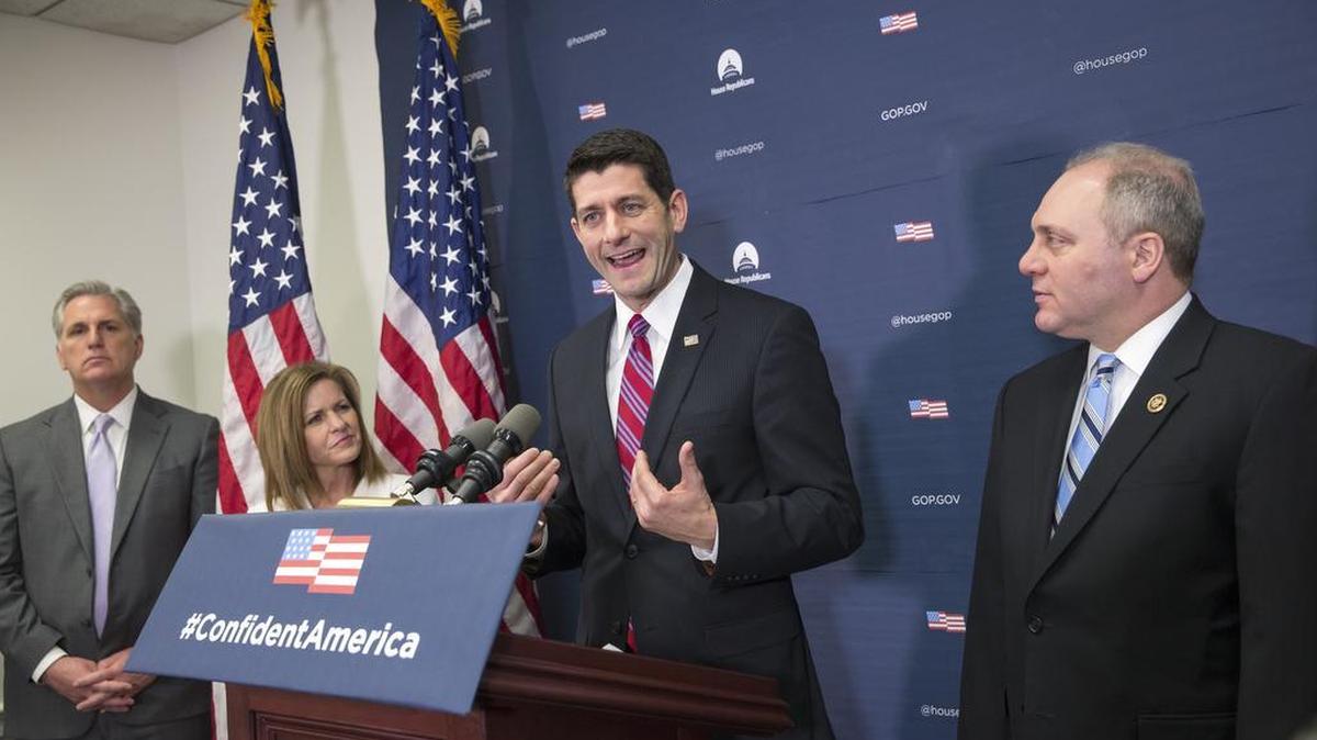 House Speaker Paul Ryan, R-Wis., second from right, joined by, from left, House Majority Leader Kevin McCarthy, R-Calif., Rep. Lynn Jenkins, R-Kan., and House Majority Whip Steve Scalise of La., talks to reporters on Capitol Hill in Washington, Jan. 6, 2016, about the GOP-led effort to undo President Barack Obama's health care law.