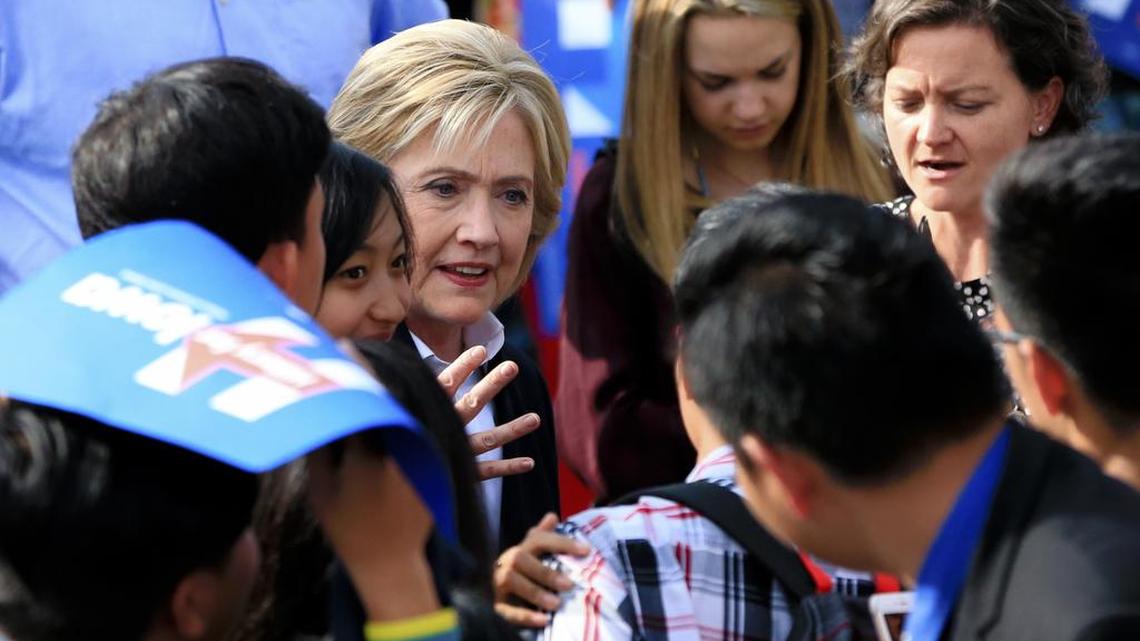 
Democratic presidential candidate Hillary Rodham Clinton speaks with members of the audience Wednesday, Oct. 7, 2015, during a campaign stop at the Westfair Amphitheater in Council Bluffs, Iowa. 
