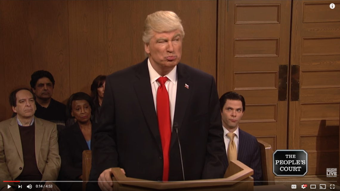 Alec Baldwin served up yet another Trump masquerade. In his spoof, President Trump made good on a tweeted vow to “see you in court” directed at the three Ninth Circuit federal judges who last week refused to lift a stay preventing his immigration ban from being enforced.
