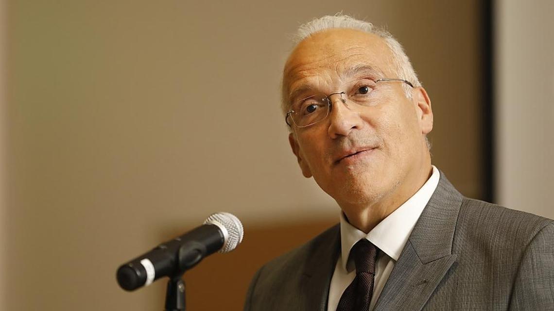 U.S. District Judge Gonzalo Curiel, who President Donald Trump once said was incapable of a fair verdict because of his Mexican heritage, speaks at an event in San Diego, Calif., in March 2017. Curiel will soon hear and decide on a lawsuit involving Trump’s border wall plans.