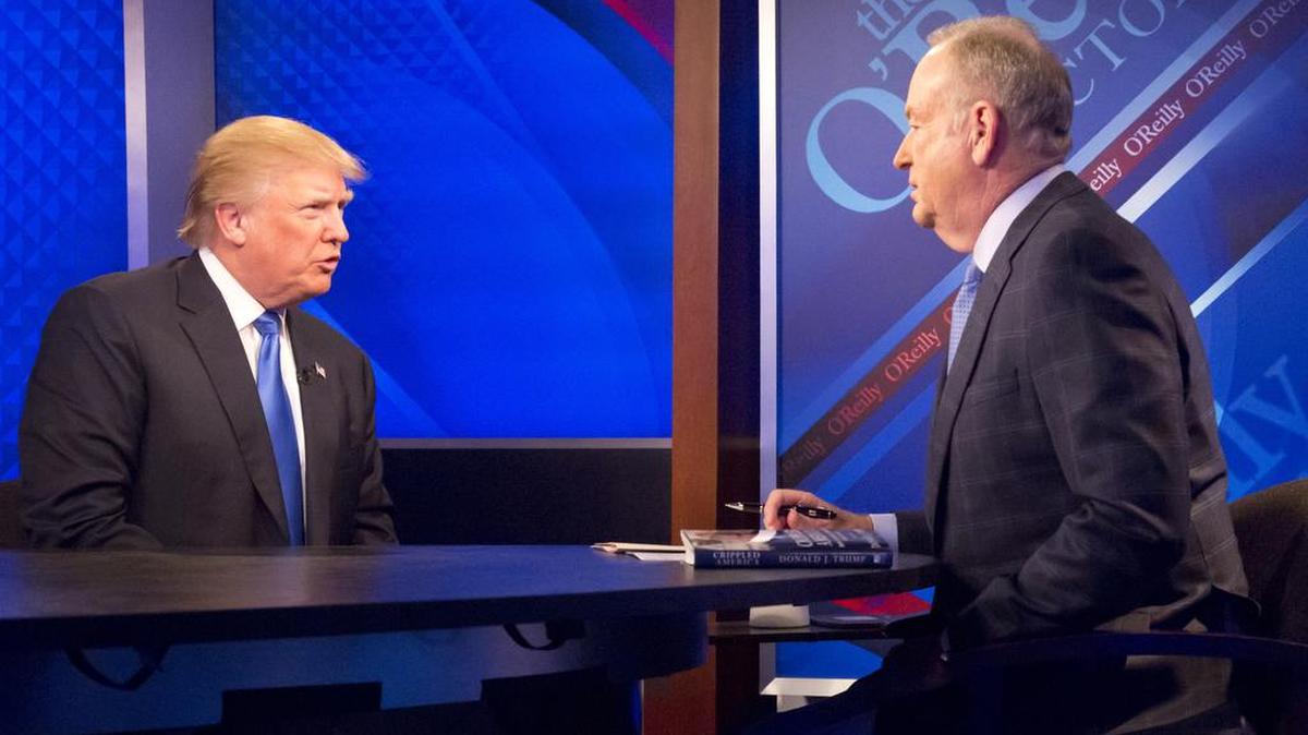 Republican presidential candidate Donald Trump, left, speaks during his interview by Bill O’Reilly on Fox’s news talk show “The O’Reilly Factor” on Friday, Nov. 6, 2015, in New York.