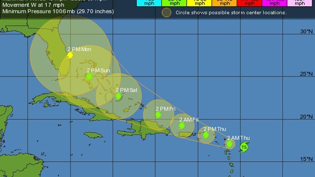 
Tropical Storm Erika’s projected path as of 8 p.m. Wednesday.

