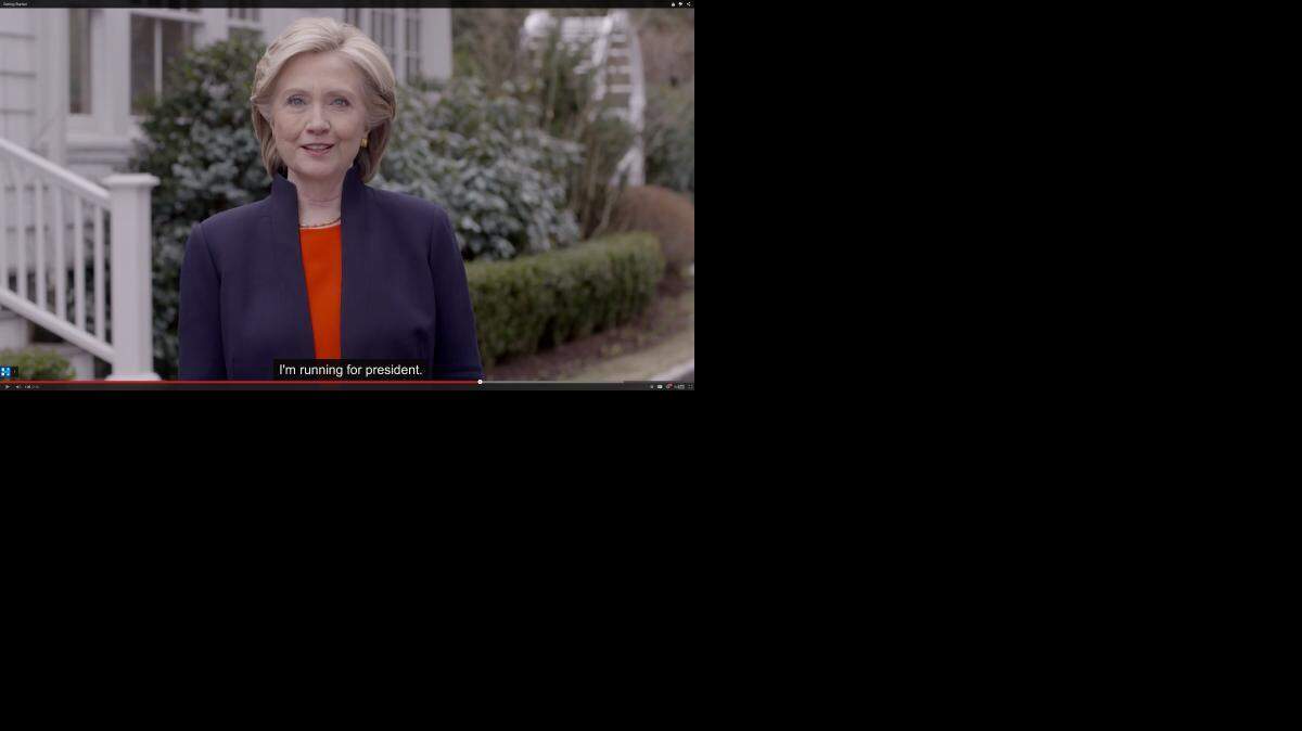 
In this image taken from video posted to hillaryclinton.com on Sunday, April 12, 2015, Hillary Rodham Clinton announces her campaign for president. The former secretary of state, senator and first lady enters the race in a strong position to succeed her rival from the 2008 campaign, President Barack Obama. 
