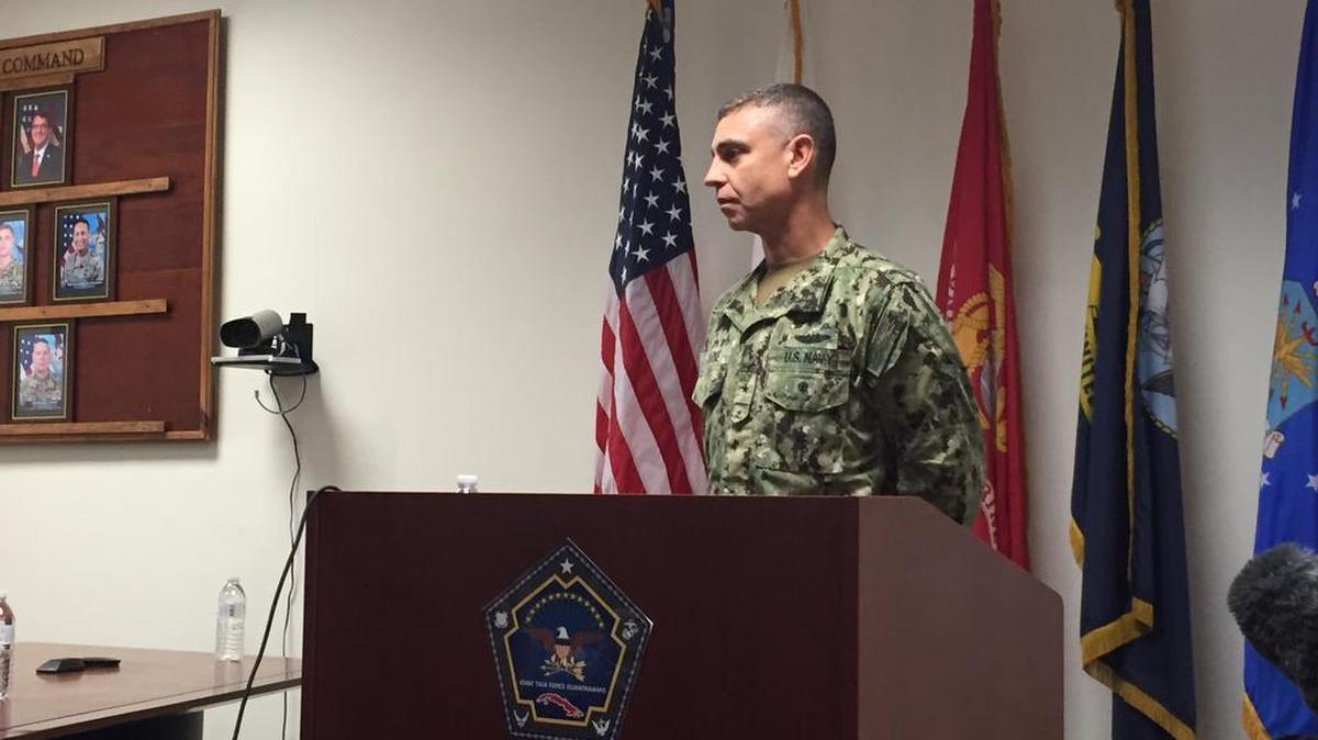 Rear Adm. Peter J.Clarke taking reporters questions on Sunday, Dec. 11, 2016 at Detention Center headquarters at the U.S. Navy base at Guantánamo Bay, Cuba.