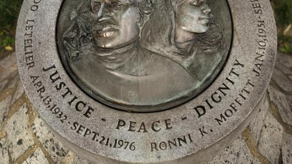 
A memorial to Chilean diplomat Orlando Letelier where he died in a 1976 car bombing in Washington is seen Tuesday, June 23, 2009. His American aide, Ronni Moffitt, was also killed in the attack, which newly declassified documents indicate was ordered by Chilean dictator Augusto Pinochet.
