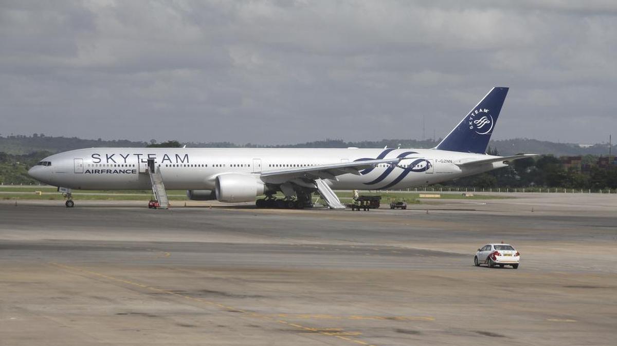 An Air France jet liner which made an emergency landing is seen at Moi International Airport in Mombas, Kenya on Sunday. The Boeing 777 Air France flight 463 from Mauritius to Paris was forced to land in the Kenyan coastal city of Mombasa after a device suspected to be a bomb was found in the lavatory, a Kenyan police official said Sunday. The device was later determined to be a hoax.