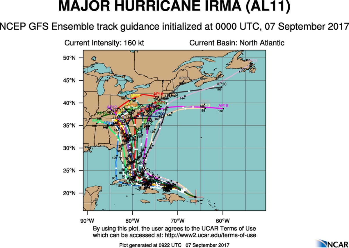 Hurricane Irma’s possible long-term paths, as of Thursday morning.