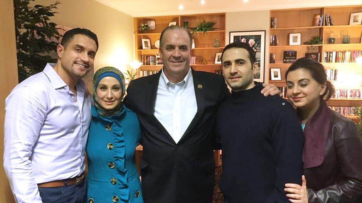 Former Iran prisoner Amir Hekmati, second from right, and his family meet with Rep. Dan Kildee, D-Mich., center, on Monday at Landstuhl Regional Medical Center in Landstuhl, Germany. At left are brother-in-law Dr. Ramy Kurdi and sister Sarah Hekmati, at right is sister Leila Hekmati.