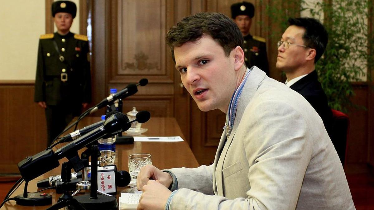 American student Otto Warmbier speaks during a press conference on Monday, Feb. 29, 2016, in Pyongyang, North Korea. North Korea announced late last month that it had arrested the 21-year-old University of Virginia undergraduate student. It said that after entering the country as a tourist he conducted an anti-state crime with "the tacit connivance of the U.S. government and under its manipulation."