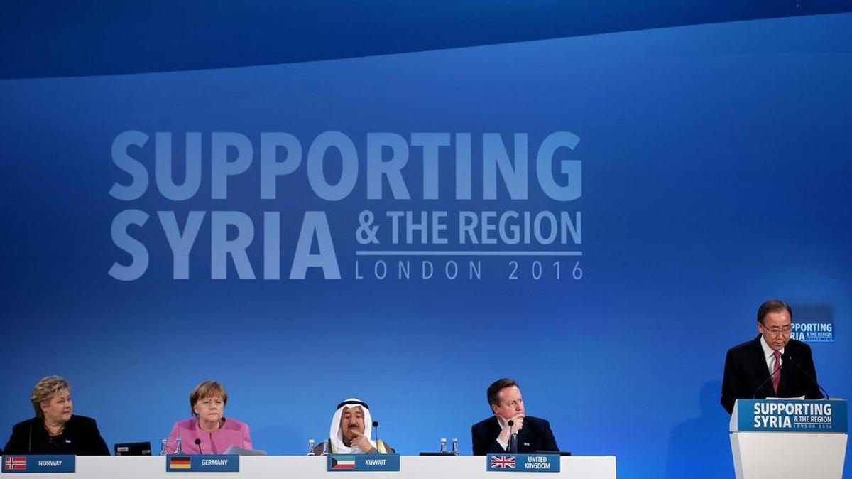 UN Secretary-General Ban Ki-moon, right, speaks as from left to right, Norwegian Prime Minister Erna Solberg, German Chancellor Angela Merkel, the Emir of Kuwait, Sheikh Sabah al-Ahmad al-Sabah and British Prime Minister David Cameron look on at the 'Supporting Syria and the Region' conference at the Queen Elizabeth II Conference Centre in London, Thursday, Feb. 4, 2016.