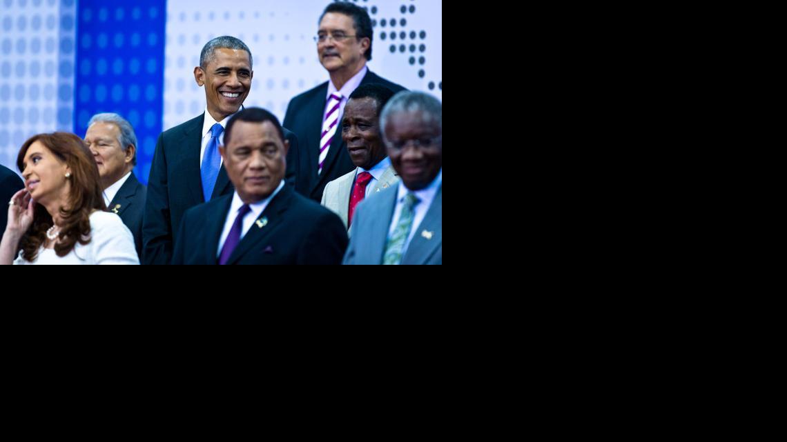 
President Barack Obama smiles during the family photo event at the 7th Summit of the Americas in Panama City, Panama, on Saturday, April 11, 2015. 
