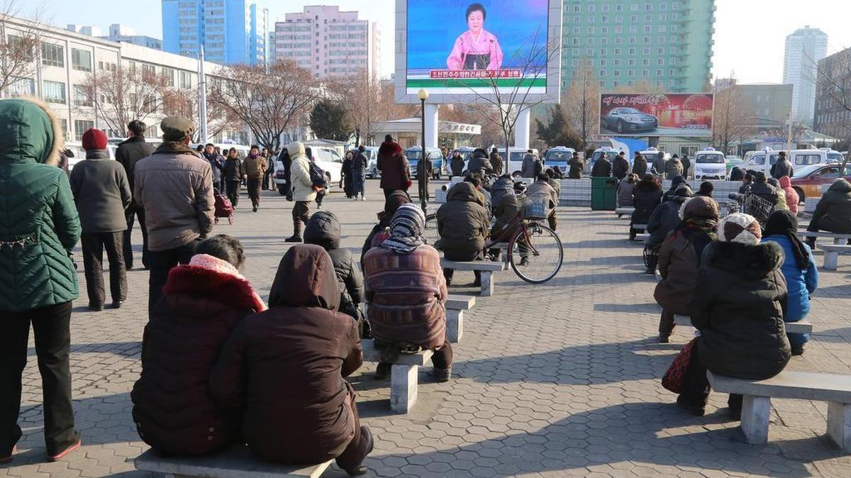 Pyongyang citizens gather in front of a big screen at Pyongyang Railway Station in Pyongyang, capital of the Democratic People’s Republic of Korea, to watch a news report on the hydrogen bomb test on Jan. 6, 2016. North Korea announced Wednesday that it has successfully carried out its first hydrogen bomb test.