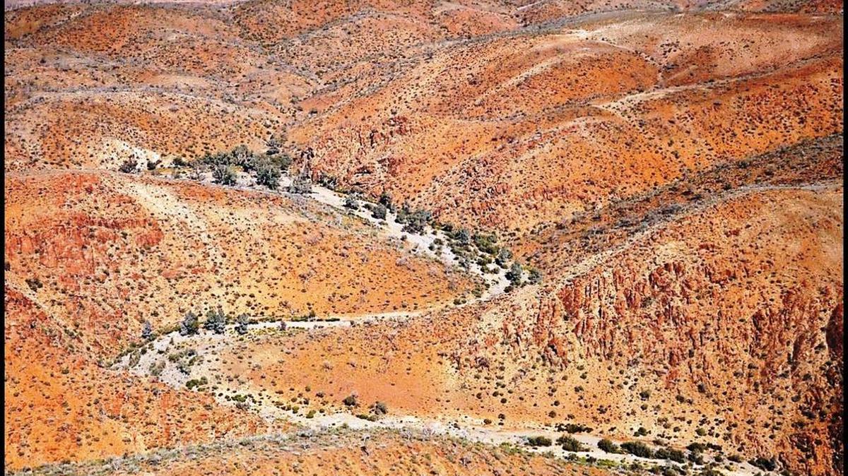 Aerial view of the Northern Flinders Ranges containing incised creek valleys and gorges where the Warratyi Rock Shelter was discovered.