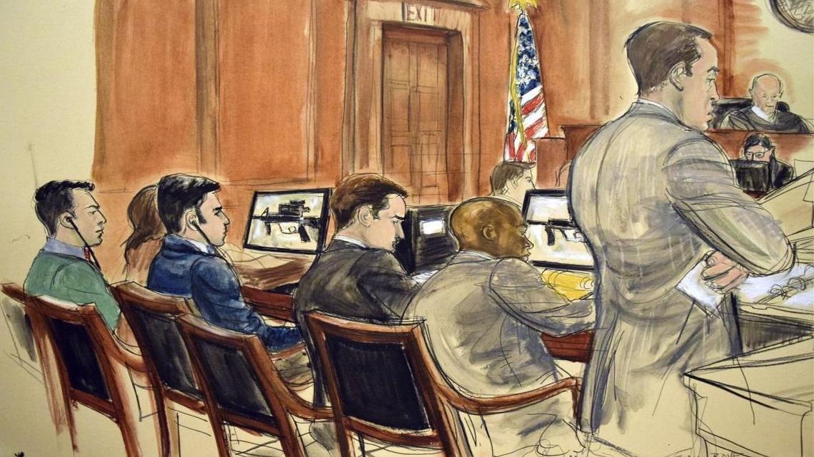 In this courtroom sketch, the nephews of Venezuela's first lady are shown with their attorneys, prosecutors and the judge. From left, Francisco Flores, Efrain Campo, defense attorney John Zach, defense attorney Randall Jackson, Assistant US attorney Emil Bove, standing, and Judge Paul Crotty seated at the bench.