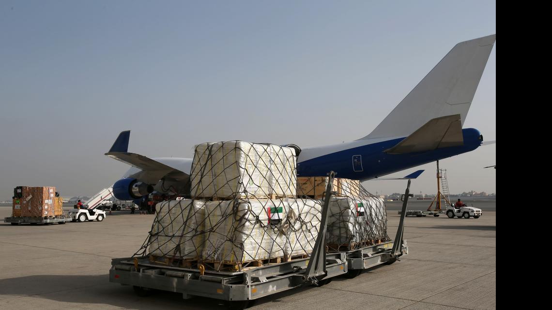 
Relief aid destined for Nepal, as a part of the UAE's humanitarian aid to earthquake victims, is loaded onto a Boeing 747 at Dubai International Airport Tuesday, April 28, 2015. The Gulf commercial hub is home to a sprawling logistical and warehouse facility known as International Humanitarian City that is used by United Nations agencies and NGOs to deploy humanitarian aid.
