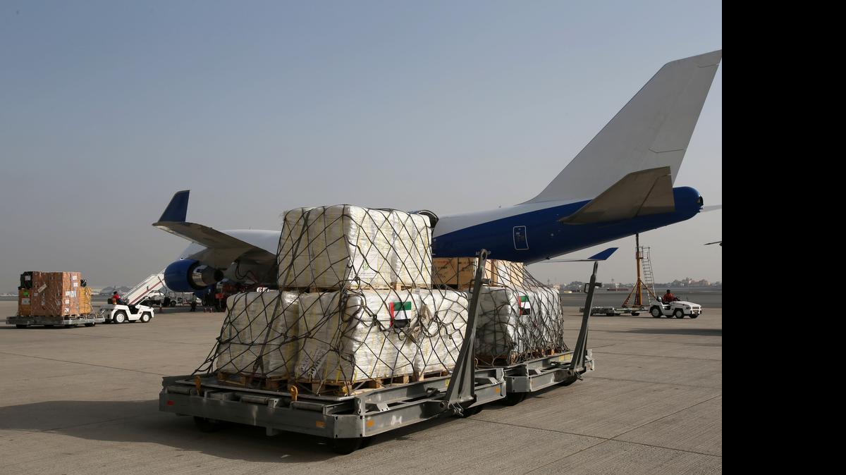 
Relief aid destined for Nepal, as a part of the UAE's humanitarian aid to earthquake victims, is loaded onto a Boeing 747 at Dubai International Airport Tuesday, April 28, 2015. The Gulf commercial hub is home to a sprawling logistical and warehouse facility known as International Humanitarian City that is used by United Nations agencies and NGOs to deploy humanitarian aid.
