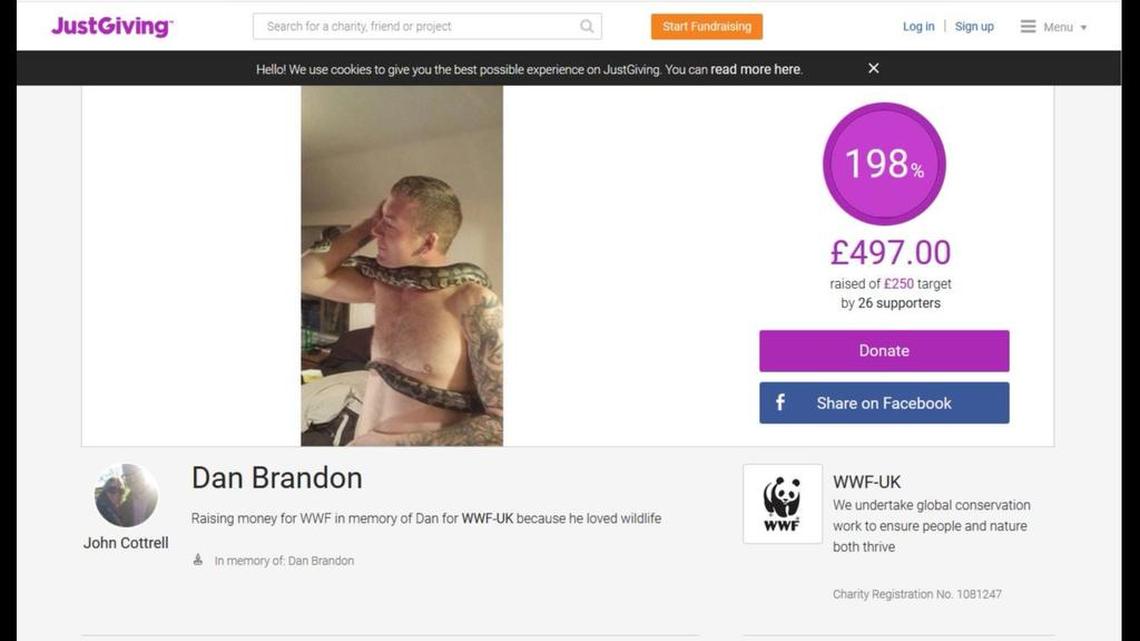 Friends of Daniel Brandon started JustGiving campaigns to raise money for charity after his August death. An inquest has ruled that Brandon died from being asphyxiated by his 8-foot African rock python, named “Tiny.”