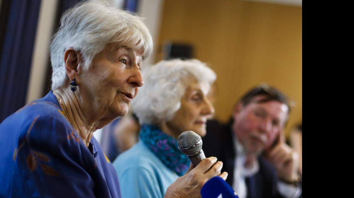 
Auschwitz survivors Hedy Bohm, from Toronto, Canada, from left, and Eva Pusztai-Fahidi from Budapest, Hungary, and the Executive Vice President of the International Auschwitz Committee Christoph Heubner attend a news conference organized by the International Auschwitz Committee on the eve of a trial against former SS guard Oskar Groening in Lueneburg, northern Germany, Monday, April 20, 2015. 
