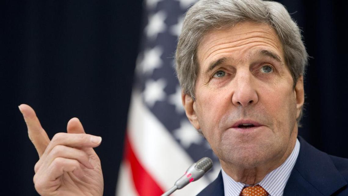 U.S. Secretary of State John Kerry speaks to members of the media at King Salman Regional Air Base in Riyadh on Saturday, Jan. 23, 2016.