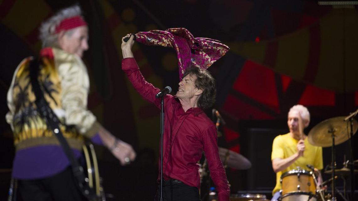 The Rolling Stones’ Mick Jagger, center, Keith Richards, left, and Charlie Watts perform during their Latin America tour on Feb. 20, 2016, at Maracana stadium in Rio de Janeiro, Brazil.