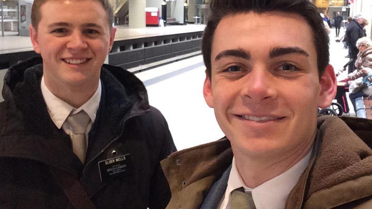 Mormon missionaries Mason Wells, 19, of Sandy, Utah, left, and Joseph Empey, 20, of Santa Clara, Utah.