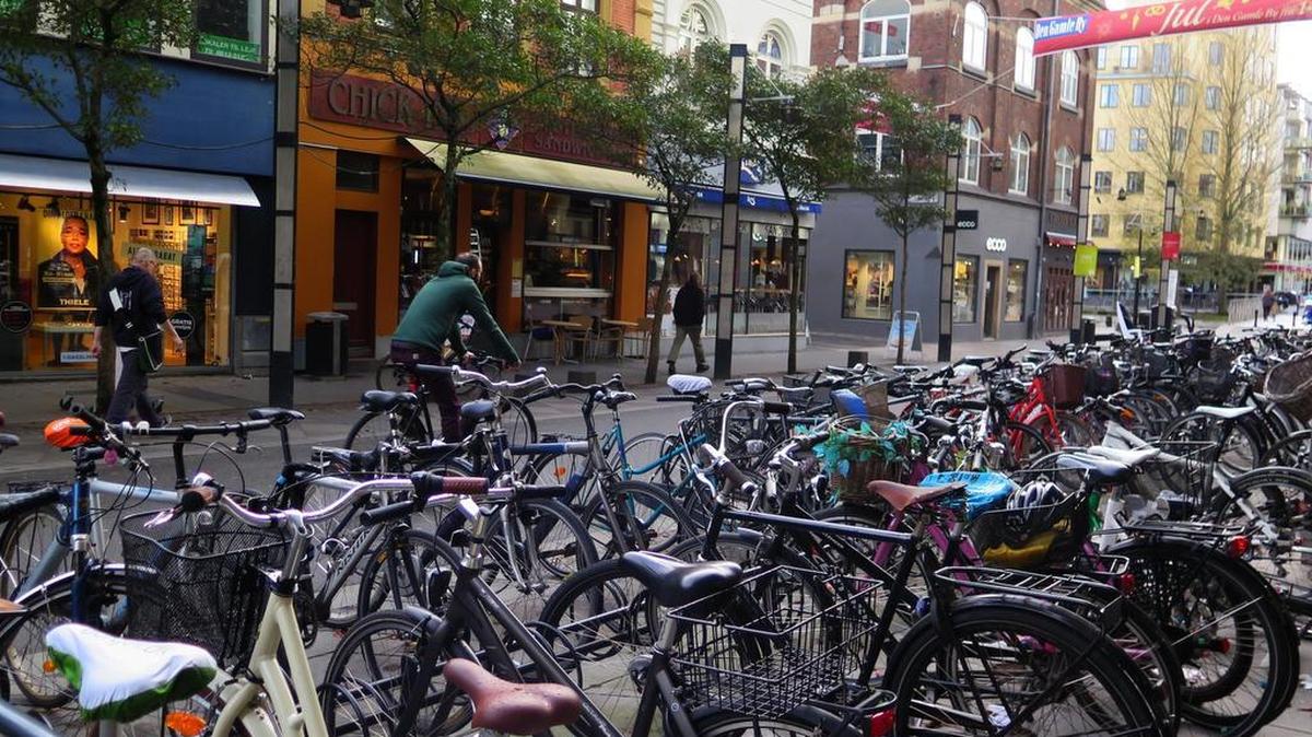 Cyclists and pedestrians dominate the streets of Aarhus, Denmark. Eighteen percent of all trips are made by bicycle in Denmark vs. 0.9 percent in the United States.