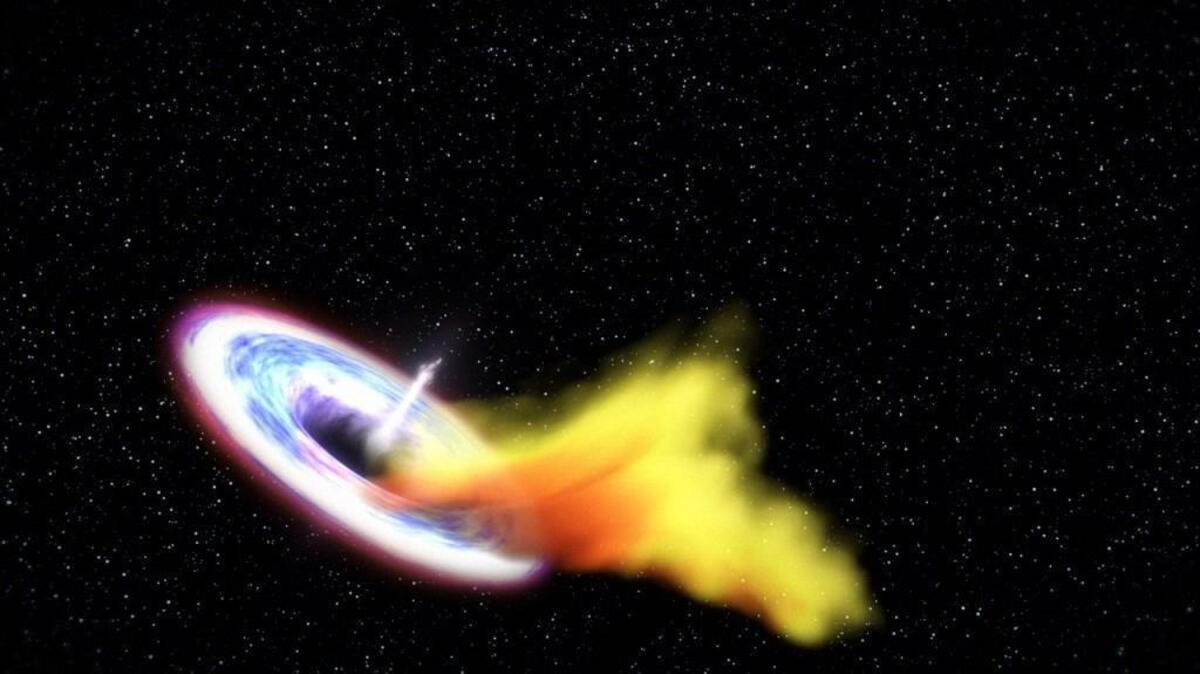 Illustration shows a star torn up by a black hole's strong gravity. The black hole is launching a powerful jet of matter into space.