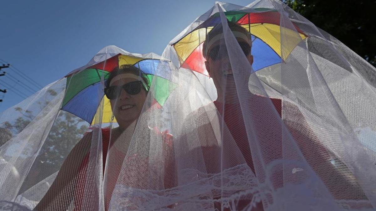 Revelers wearing mosquito nets as carnival costumes, playing to protect themselves from the ‘Aedes aegypti’ mosquito, participate in the Galo da Madruga or The Dawn Rooster carnival parade, in downtown of Recife, Pernambuco state, Brazil, Saturday, Feb. 6, 2016. The Aedes aegypti is a vector for the transmission of the Zika virus. Brazil is currently in the midst of a Zika outbreak.