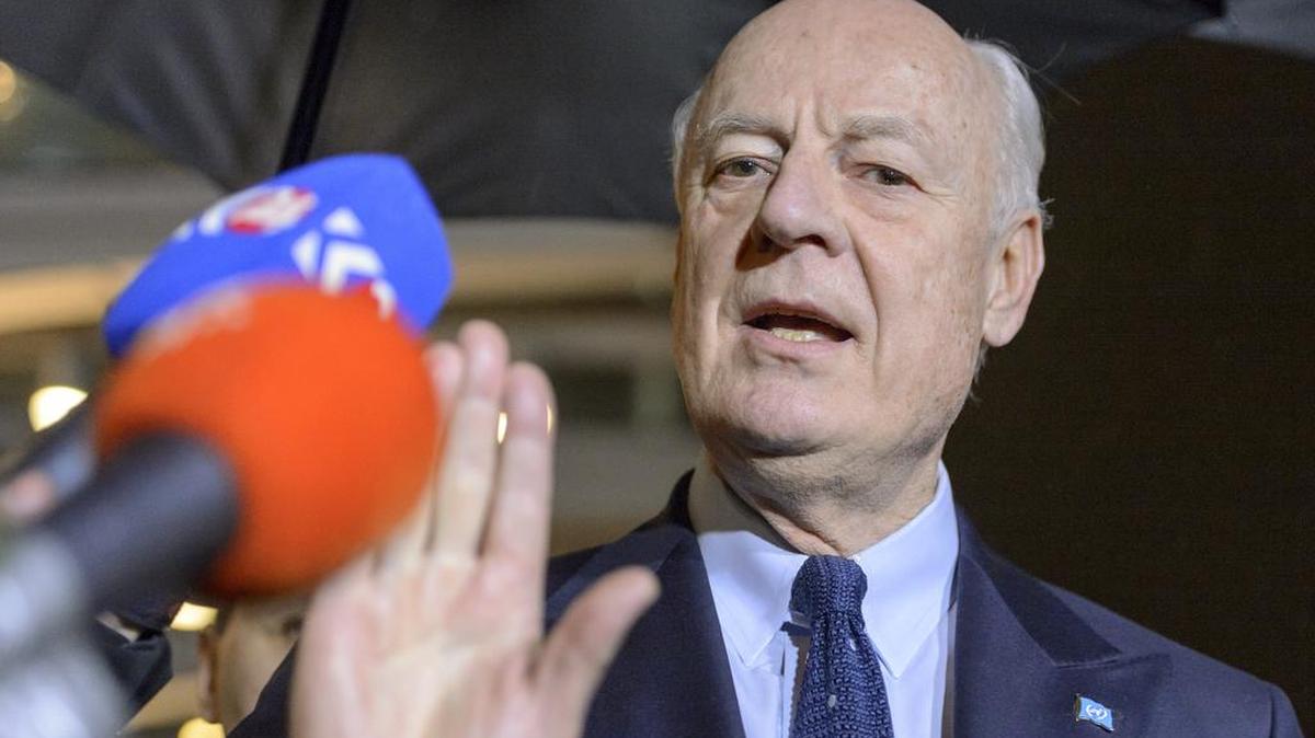 Staffan de Mistura, UN Special Envoy of the Secretary-General for Syria, speaks to the press in Geneva, Switzerland, Wednesday. U.N. Special Envoy for Syria Staffan de Mistura announced Wednesday there would be a “temporary pause” in the indirect peace talks between the government and opposition, saying the process will resume Feb. 25.