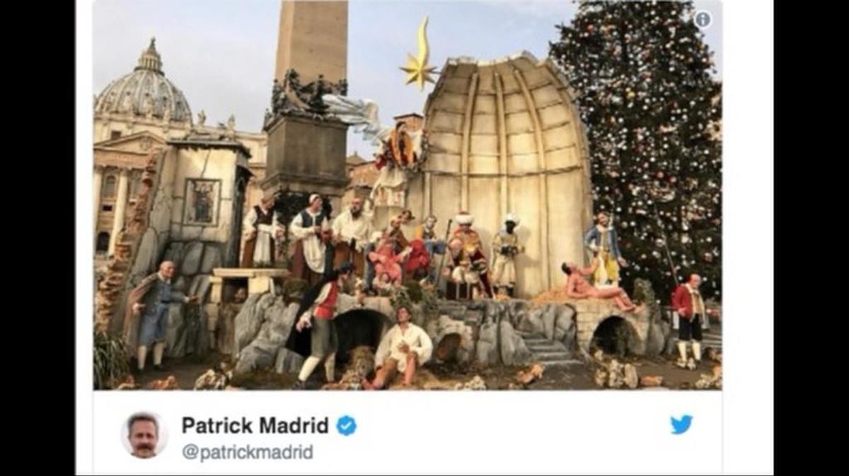 This year’s Nativity at the Vatican in Rome has stirred up a bit of controversy. One of the life-size statues in the scene is a naked man being clothed as an act of mercy.