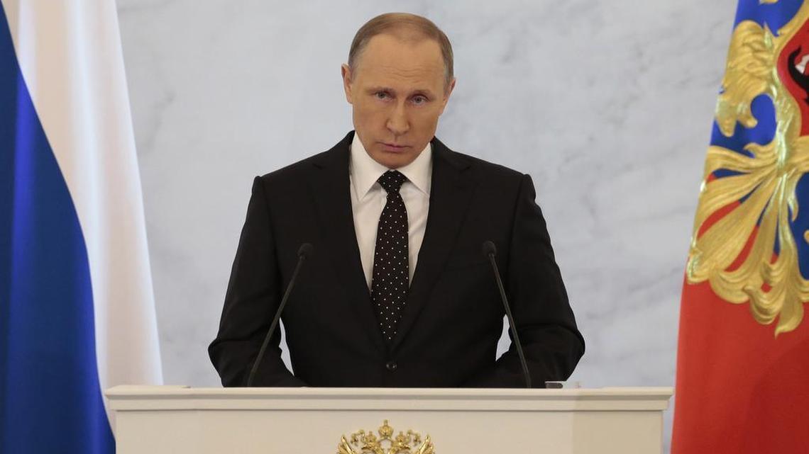 Russian President Vladimir Putin gives his annual state of the nation address Thursday in the Kremlin in Moscow.