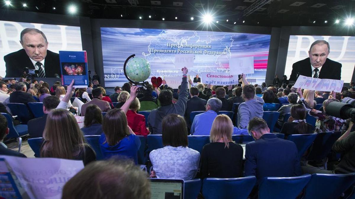 Russian President Vladimir Putin speaks during his annual news conference in Moscow, Russia, Thursday, Dec. 17, 2015.
