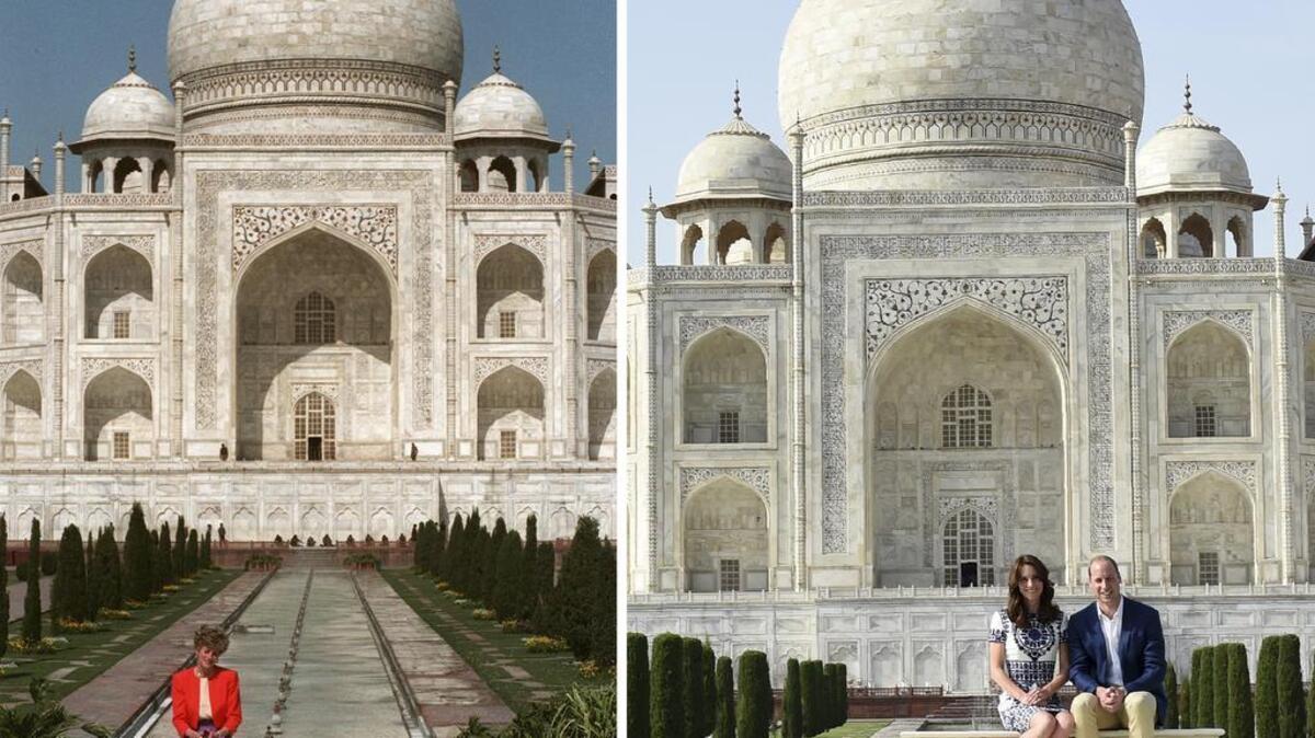 This two-picture combo shows a Feb. 11, 1992 file photo of Princess Diana sitting in front of the Taj Mahal, left, and her son Prince William sitting with his wife Kate, the Duchess of Cambridge, in the same spot, in Agra, India, Saturday, April 16, 2016.