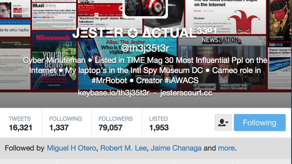 The Twitter profile of a hacker who goes by the name @th3j35t3r, or the Jester.