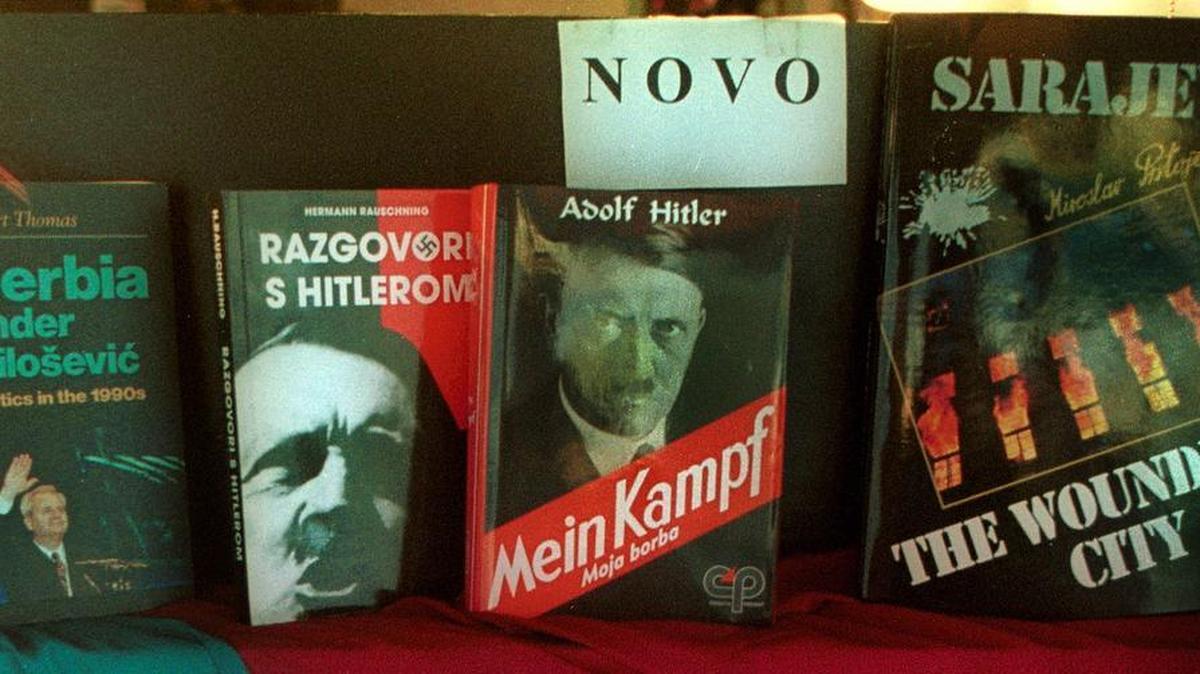 A book store displays Adolf Hitler's "Mein Kampf", and another book about Hitler entitled "Talks with Hitler" in downtown Sarajevo in 1999. Hitler's infamous manifesto "Mein Kampf" would be republished in Germany, if historians get their way, before the copyright lapses in 2015. Though widely available in the English-speaking world, the book's publication has been verboten in Germany since World War II and its resale is tightly regulated.