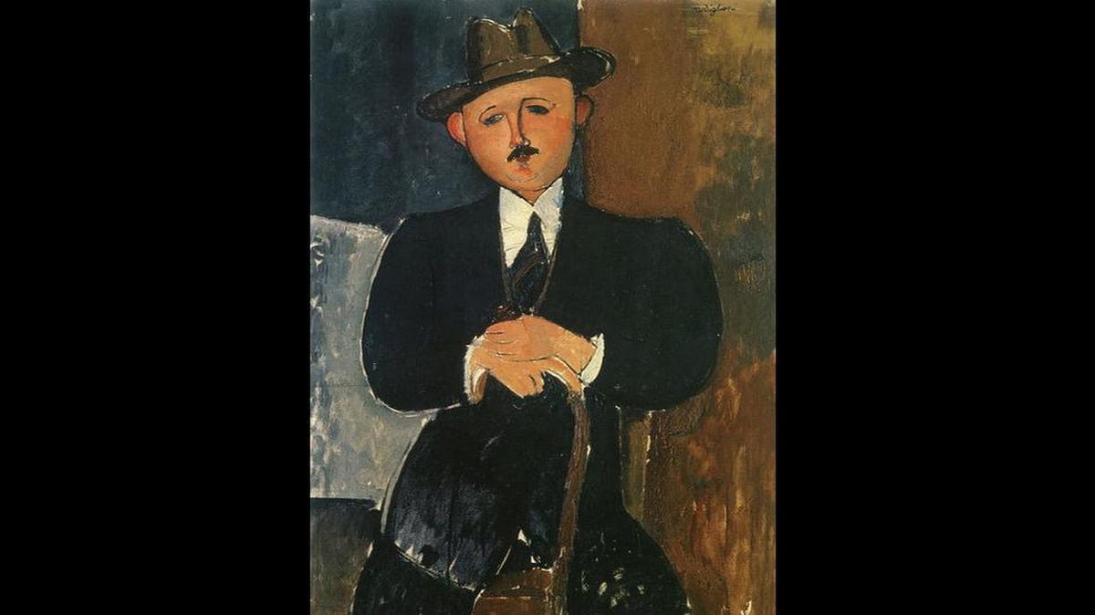 The portrait entitled “Seated Man With a Cane” by Amedeo Modigliani of a dapper man with a mustache perched on a chair, hands resting upon his walking stick, may be worth $25 million.