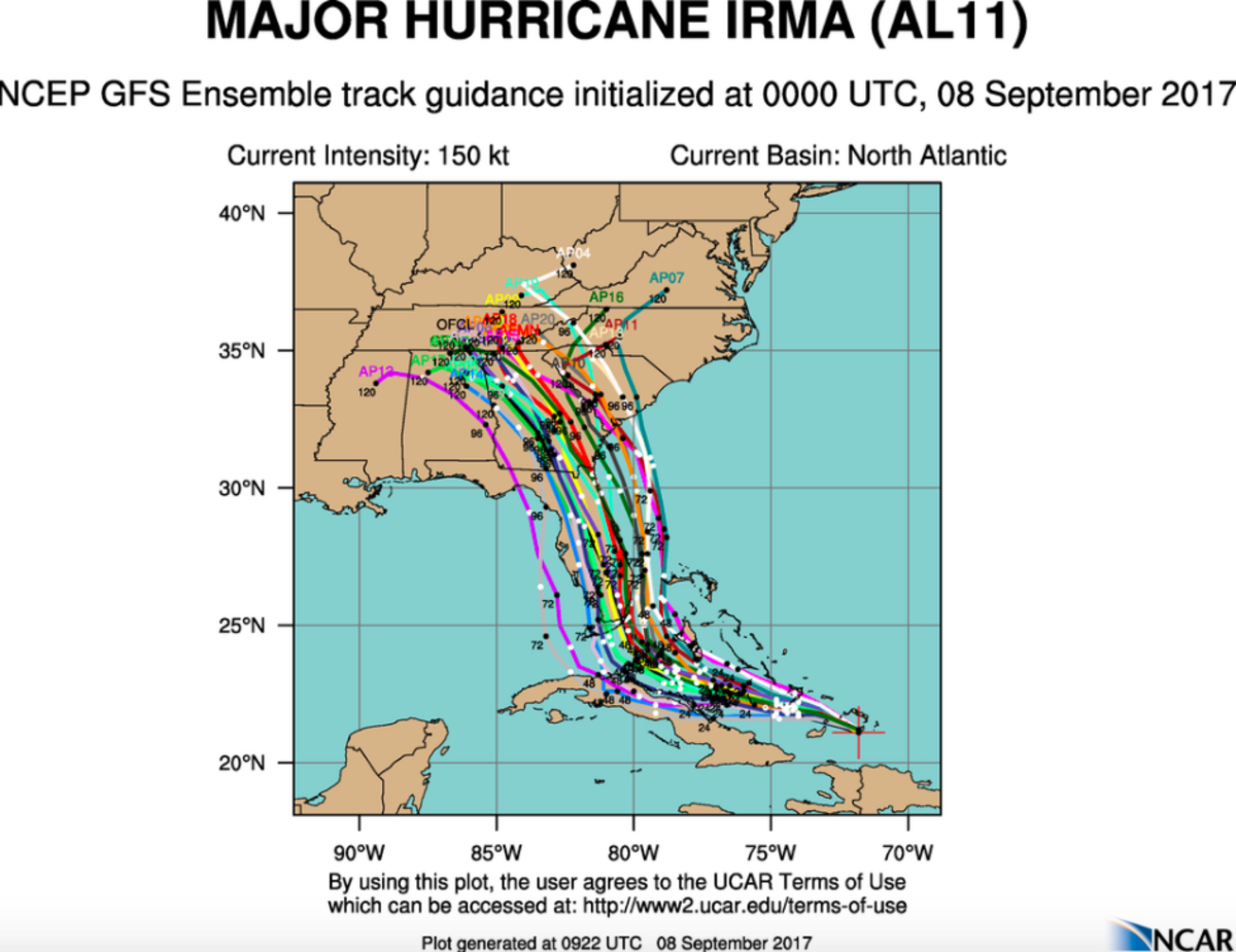 Several projected paths of Hurricane Irma as of Friday morning.