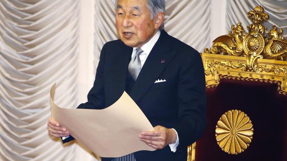 Emperor Akihito addresses the Japanese parliament in Tokyo earlier this year. Japan’s public television NHK reported that Akihito, 82, has expressed his intention to retire while still alive and hand over his title to Crown Prince Naruhito within the next few years.