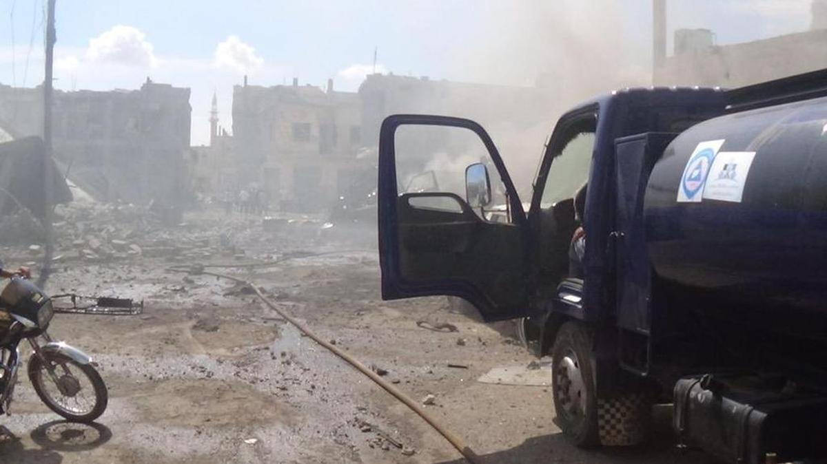 
 The aftermath of an airstrike in Talbiseh, Syria. Russia on Wednesday carried out its first airstrikes in Syria in what President Vladimir Putin called a pre-emptive strike against the militants. 
