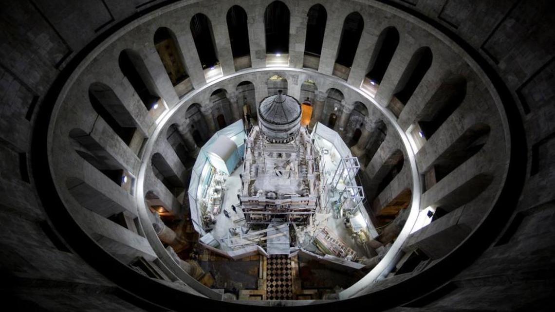 The shrine that houses the traditional burial place of Jesus Christ is undergoing restoration inside the Church of the Holy Sepulchre in Jerusalem. PHOTOGRAPH BY ODED BALILTY, AP FOR NATIONAL GEOGRAPHIC