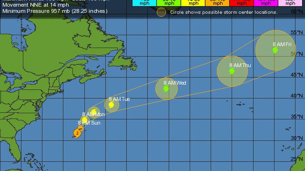 
Projected path of Hurricane Joaquin as of 2 p.m. Sunday, Oct. 4, 2015. 
