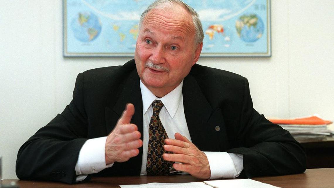 Maurice Strong of Canada gestures during an interview in his office at the United Nations on Feb. 7, 1997. His work helped lead to the landmark climate summit that begins in Paris on Nov. 30, 2015.