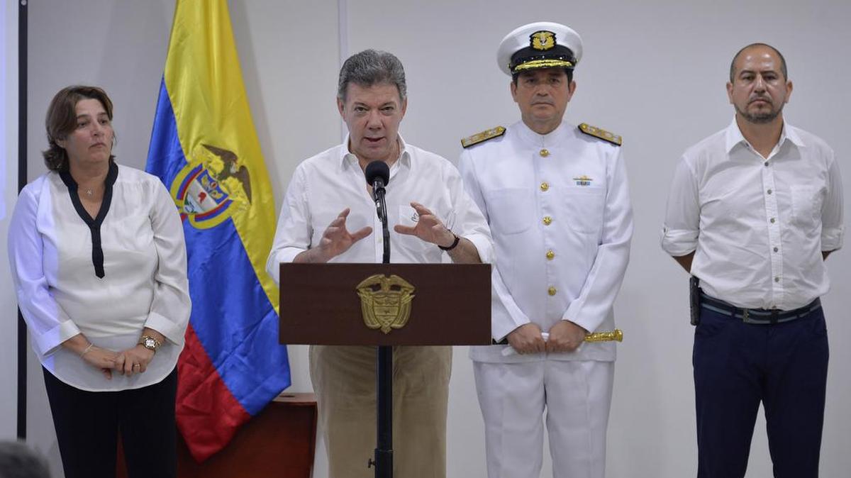 El presidente colombiano Juan Manuel Santos anuncia el descubrimiento del Galeó españl San José que se hundió en la costa de Cartagena en 1708.