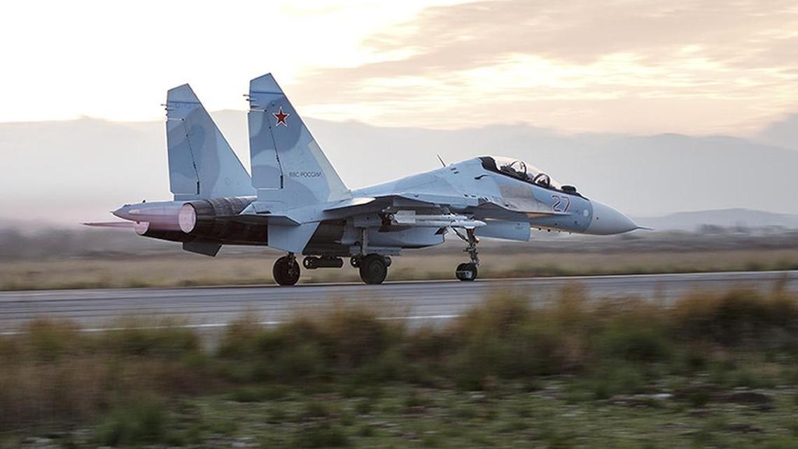 A Russian Su-34 bomber taxis out at the Hemeimeem air base in Syria. Russia has been carrying out an air campaign in Syria since Sept. 30.