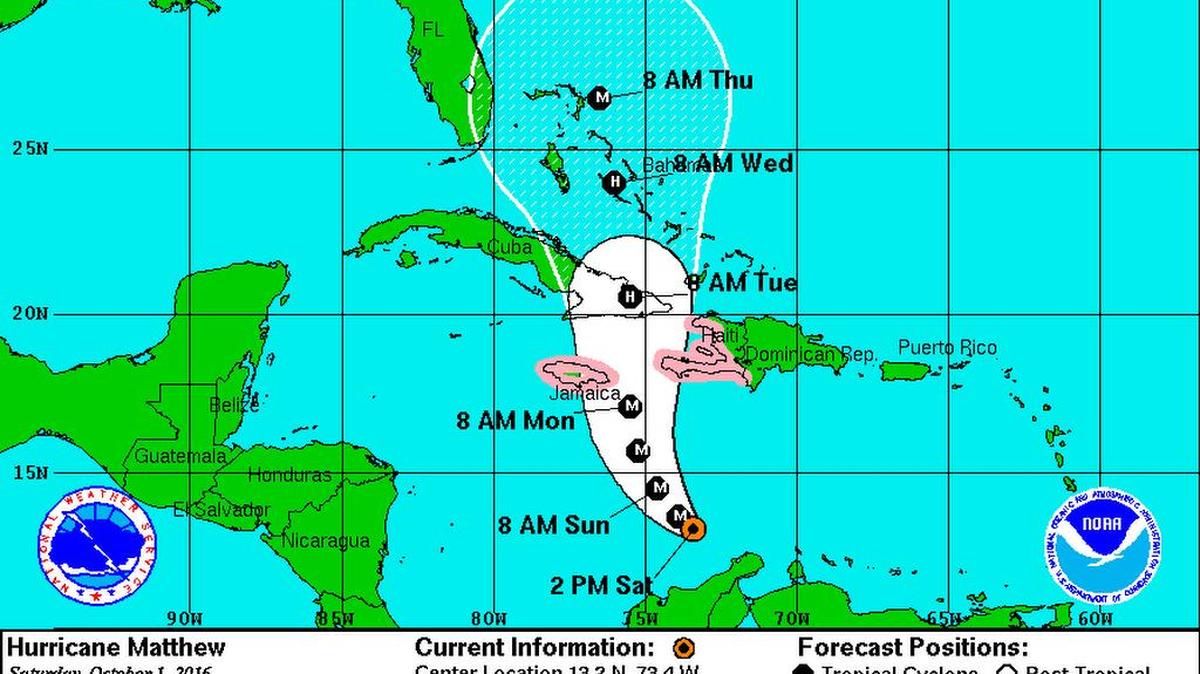 This is the forecast track of Hurricane Matthew as of the 2 p.m. update on Saturday, Oct. 1, 2016.