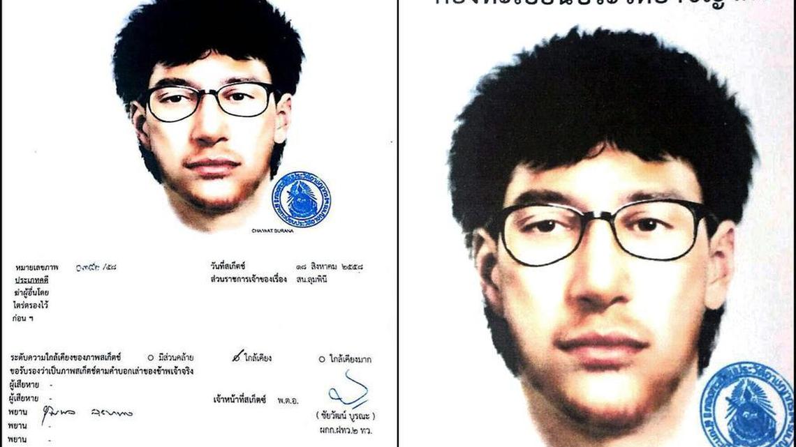 
This image released by the Royal Thai police on Wednesday, Aug. 19, 2015, shows a detailed sketch of the main suspect in a bombing that killed a number of people at the Erawan shrine in downtown Bangkok, on Monday. The message above the sketch says “Criminal record registration department.” 
