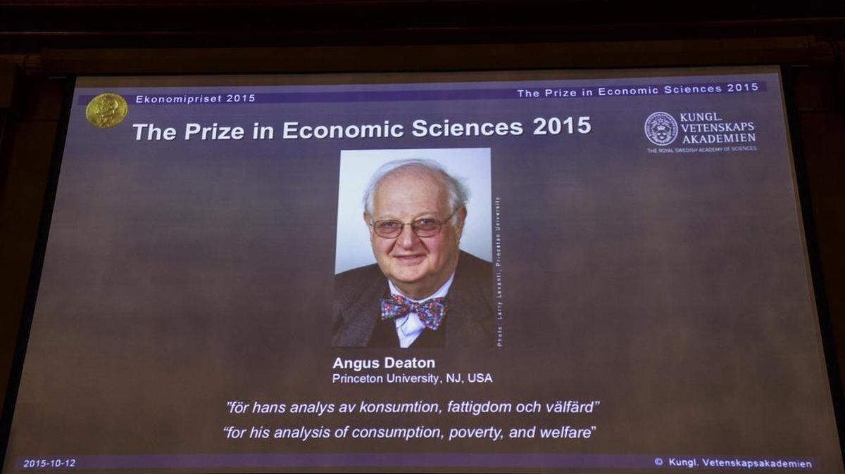 
A view of the screen showing an image of Professor Angus Deaton, winner of the 2015 Sveriges Riksbank Prize in Economic Sciences in Memory of Alfred Nobel, as the Permanent Secretary for the Royal Swedish Academy of Sciences addresses a press conference to announce the winner of the prize, at the Royal Swedish Academy of Science, in Stockholm, Sweden, Monday, Oct. 12, 2015. Scottish economist Angus Deaton has won the Nobel memorial prize in economic sciences for "his analysis of consumption, poverty, and welfare," the Royal Swedish Academy of Sciences said Monday. 
