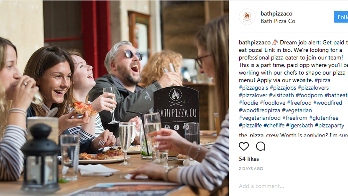 The Bath Pizza Co. in Bath, England, seeks a professional pizza taster to try out its new menu in a cheeky online ad.