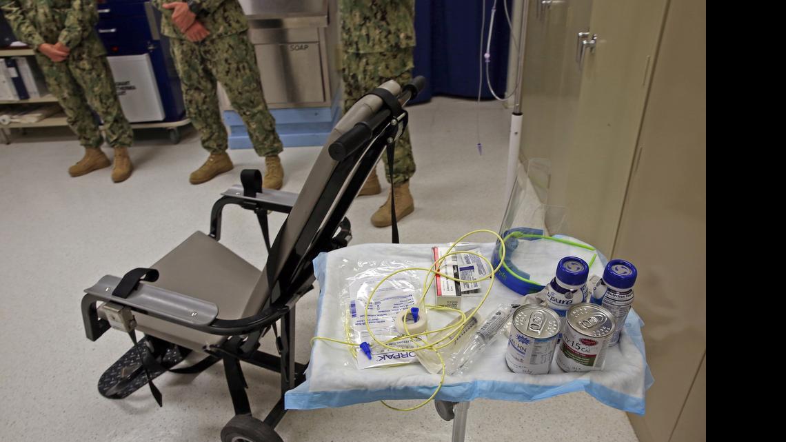 
A display of the restraint chair that the Navy medics use to tube-feed hunger strikers on Nov. 4, 2014 at the U.S. Navy base at Guantanamo Bay, Cuba in this photo approved for release by the U.S. military. 
