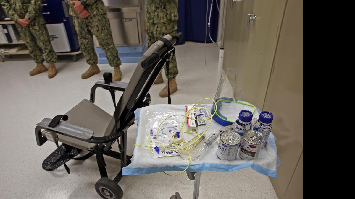 
A display of the restraint chair that the Navy medics use to tube-feed hunger strikers on Nov. 4, 2014 at the U.S. Navy base at Guantanamo Bay, Cuba in this photo approved for release by the U.S. military. 
